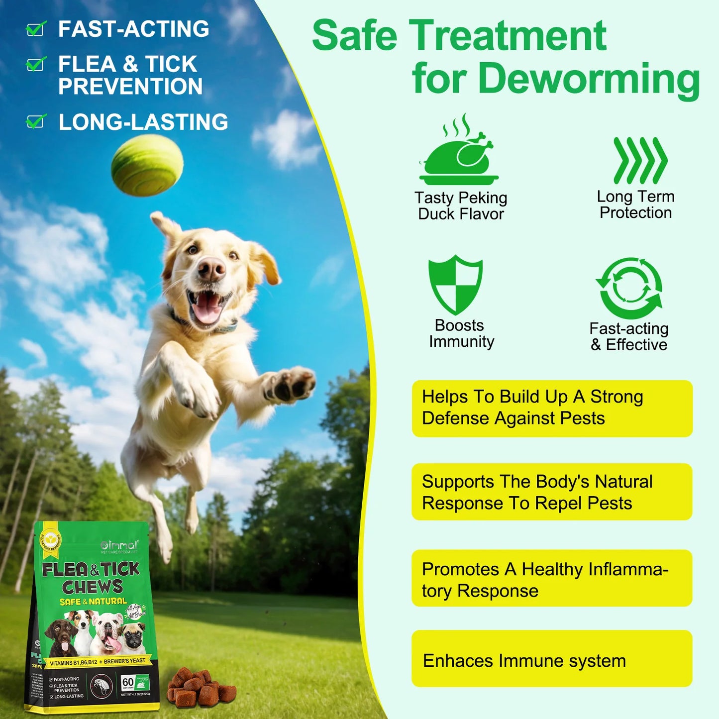 Flea and Tick Prevention for Dogs 60 Chewables Natural Flea and Tick Supplement Fast Acting Long-Lasting for All Breeds and Ages