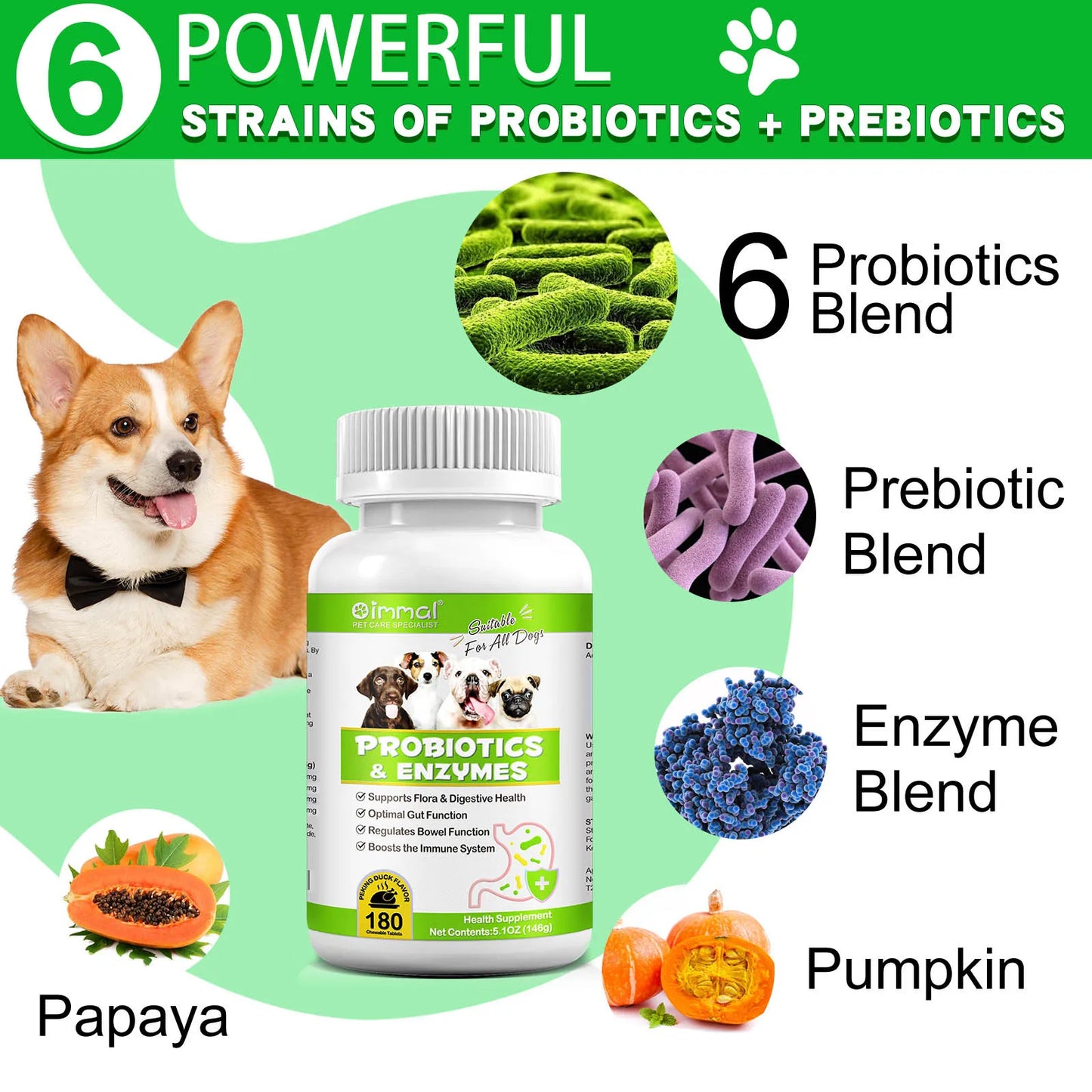 Probiotics and Enzymes Suitable for All Dogs Regulates Bowel Function Boosts the Immune System Supports Flora & Digestive Health