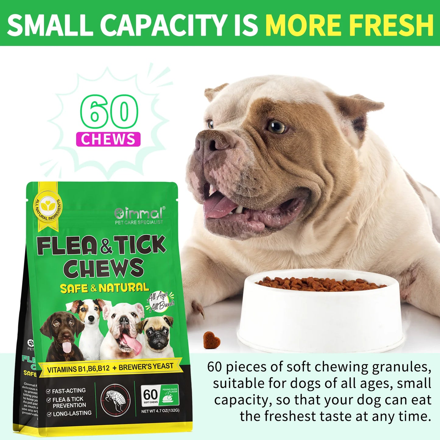 Flea and Tick Prevention for Dogs 60 Chewables Natural Flea and Tick Supplement Fast Acting Long-Lasting for All Breeds and Ages
