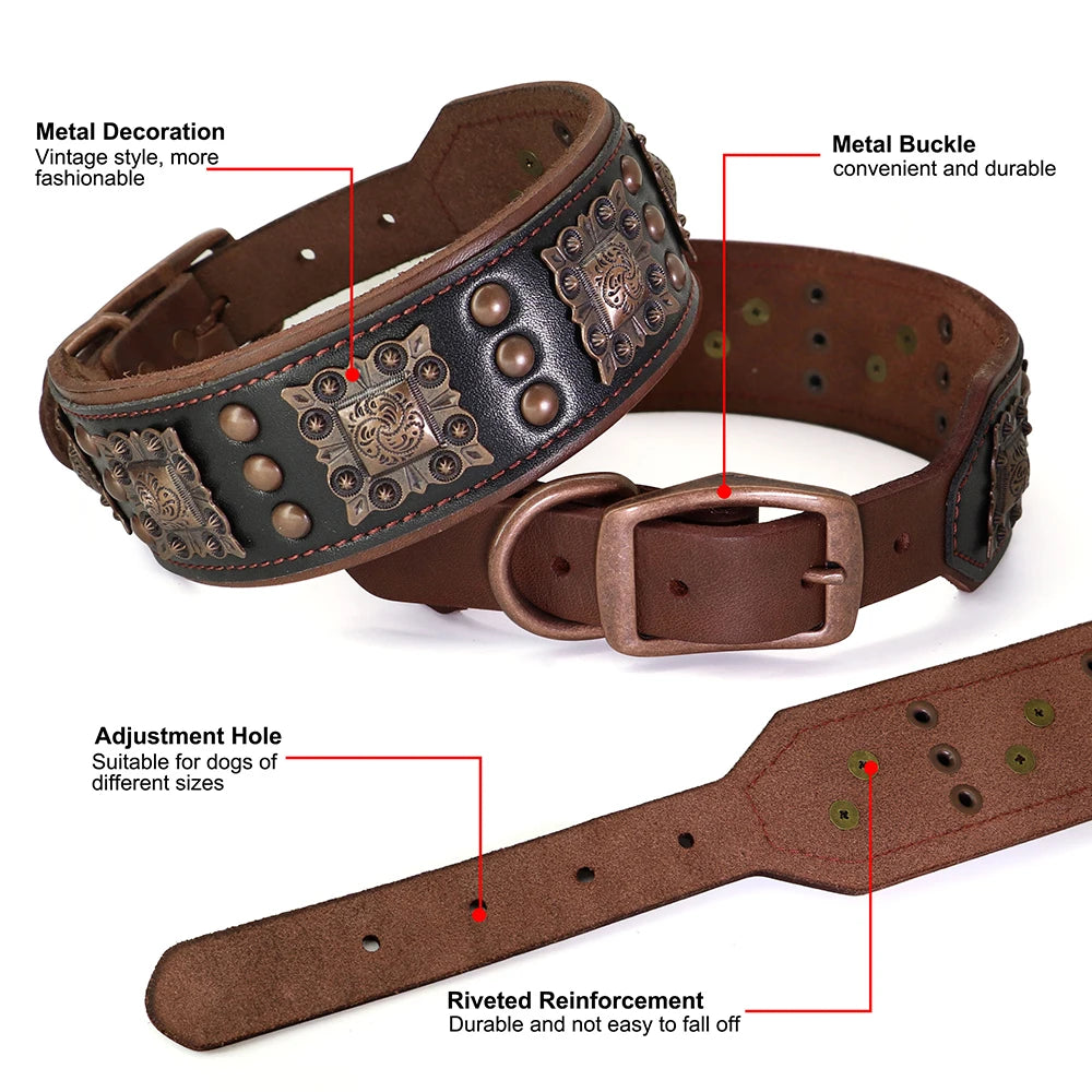 Dog Leather Wide Collar With Leash