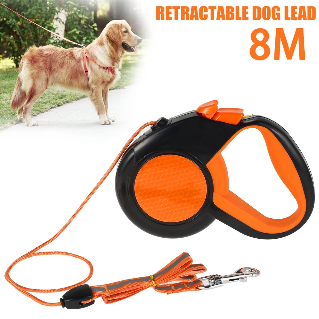 8M Retractable Dog Lead. Heavy Duty Pet Walking Leash with Strong Reflective Tape