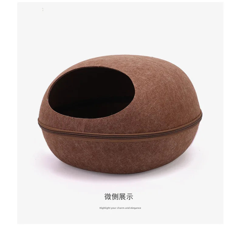 Cat Bed Artificial Felt House for Cats Sleeping Bag with Nest Cushion Eggshell Detachable Breathable Semi Enclosed Pet Cave