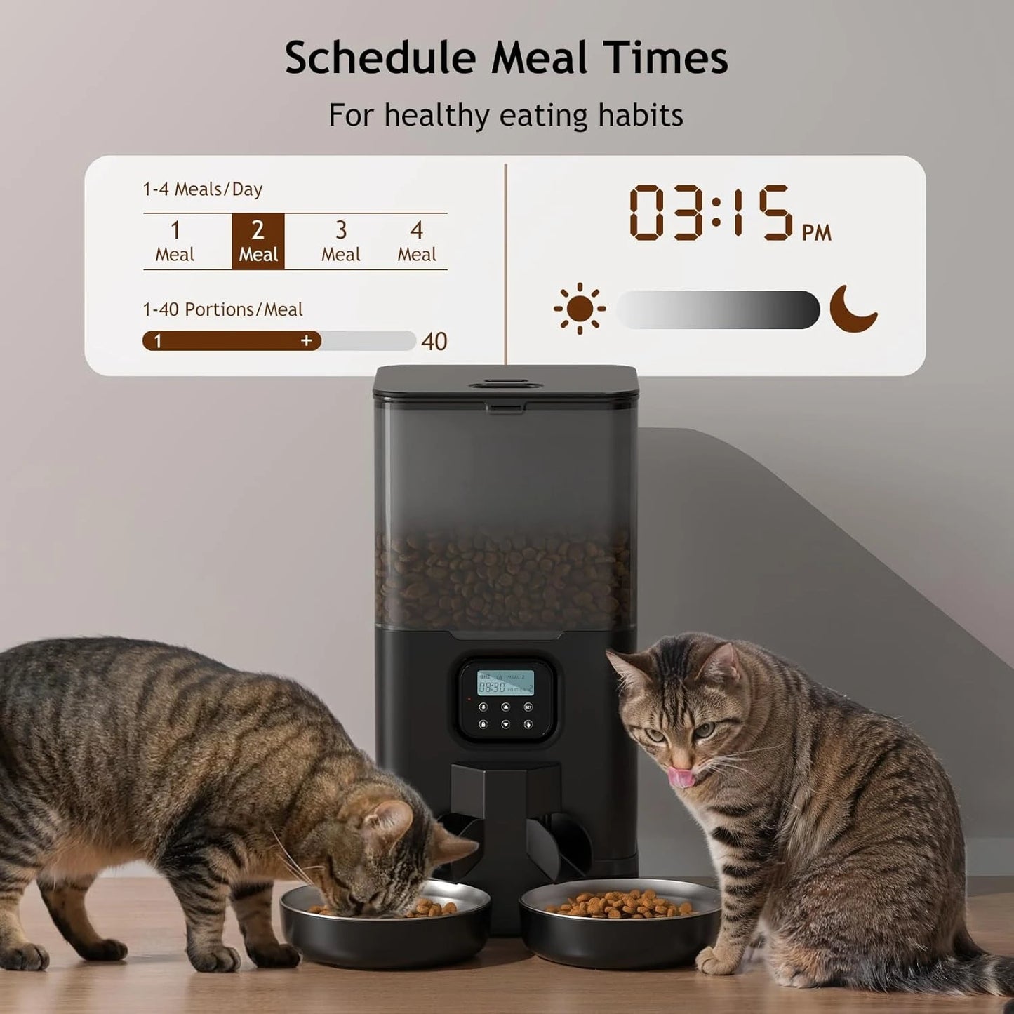 6L Automatic Cat Feeder for Two Cats, Double Pet Feeder with 2 Stainless Steel Bowls, Timed Cat Feeders with Memory Function