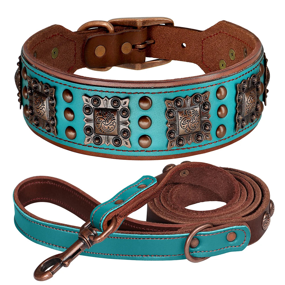 Dog Leather Wide Collar With Leash