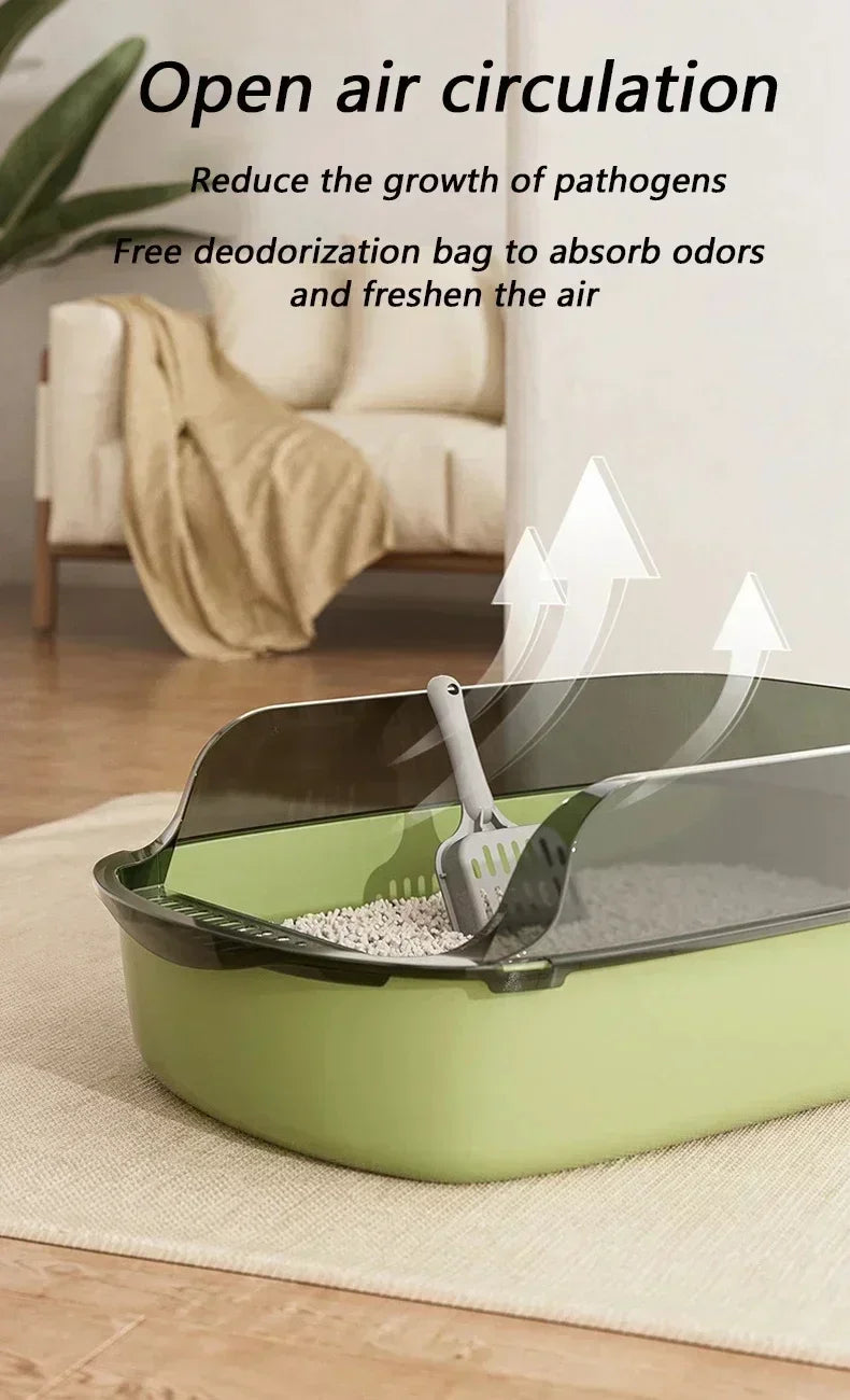 Cat Litter Box Semi Enclosed Design with High Fence Open Top Tray Easy to Clean Durable Kitty Sandbox with Scoop Pet Toilet