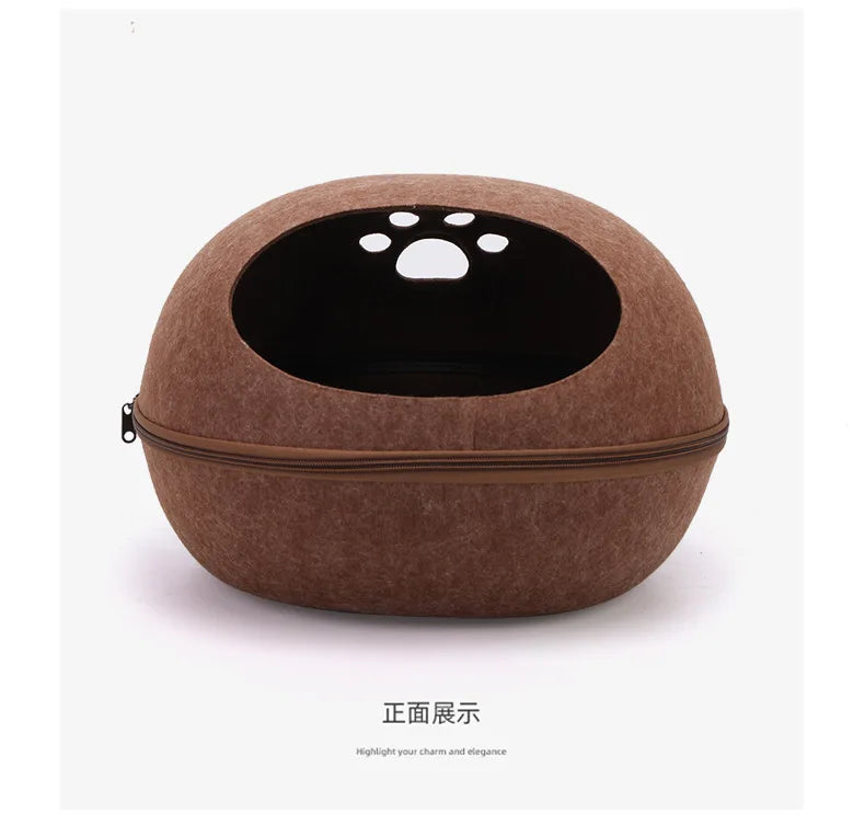 Cat Bed Artificial Felt House for Cats Sleeping Bag with Nest Cushion Eggshell Detachable Breathable Semi Enclosed Pet Cave