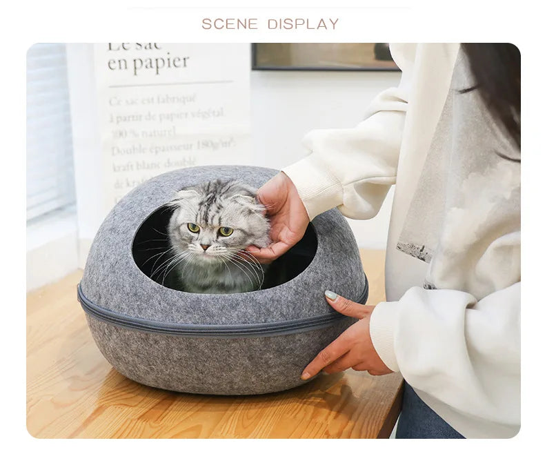 Cat Bed Artificial Felt House for Cats Sleeping Bag with Nest Cushion Eggshell Detachable Breathable Semi Enclosed Pet Cave