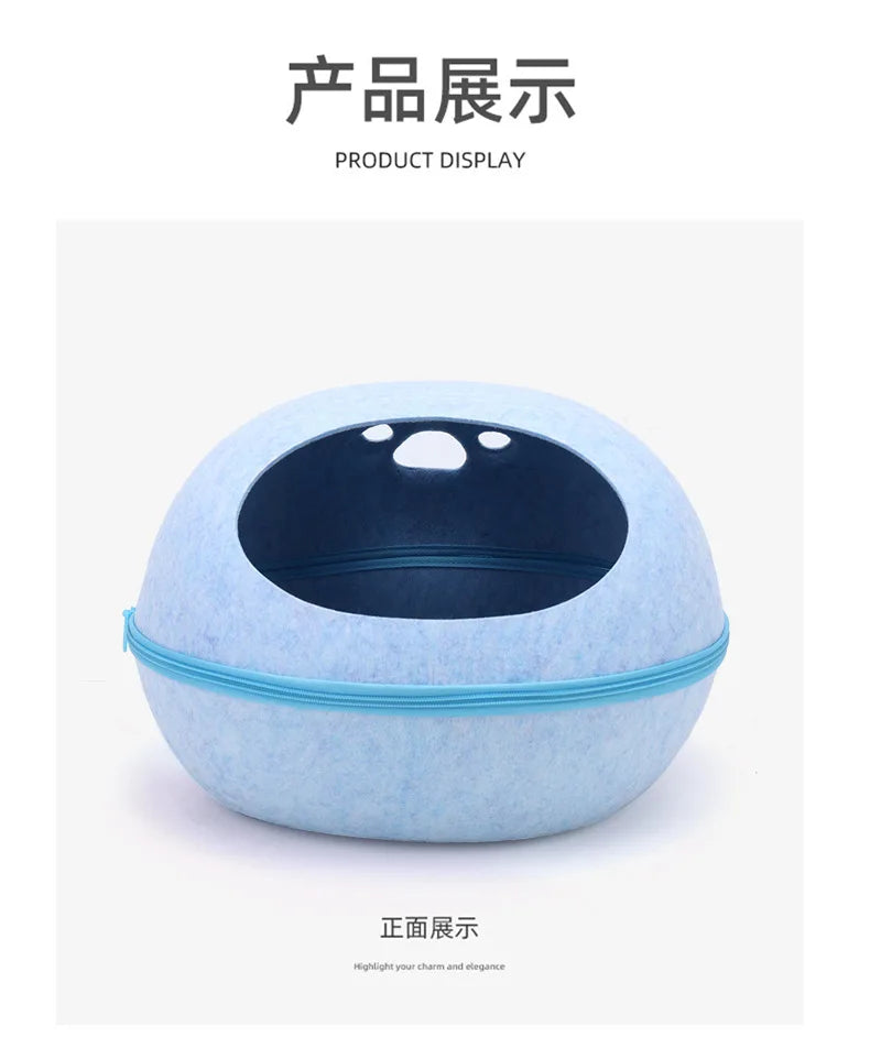 Cat Bed Artificial Felt House for Cats Sleeping Bag with Nest Cushion Eggshell Detachable Breathable Semi Enclosed Pet Cave