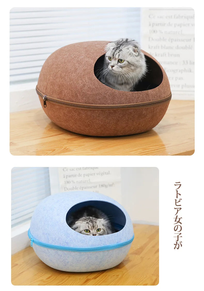 Cat Bed Artificial Felt House for Cats Sleeping Bag with Nest Cushion Eggshell Detachable Breathable Semi Enclosed Pet Cave