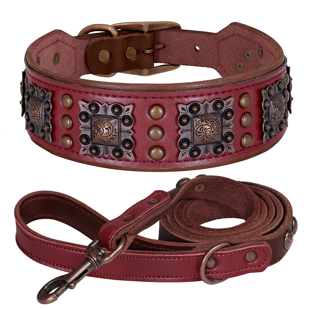 Dog Leather Wide Collar With Leash