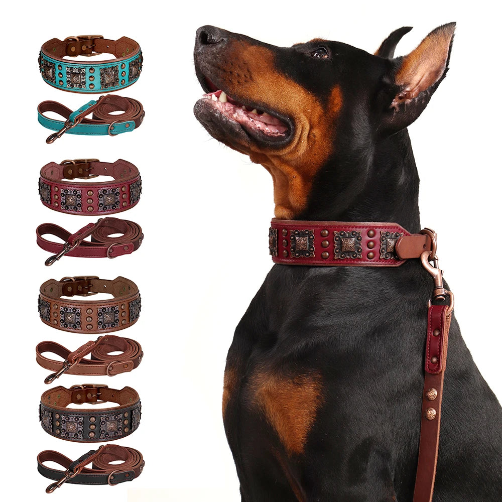 Dog Leather Wide Collar With Leash