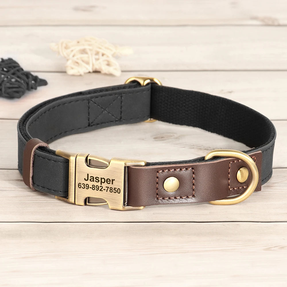 Free Custom PU Leather Dog Collar Engraved Adjustable Pet Buckle ID Necklace. Durable