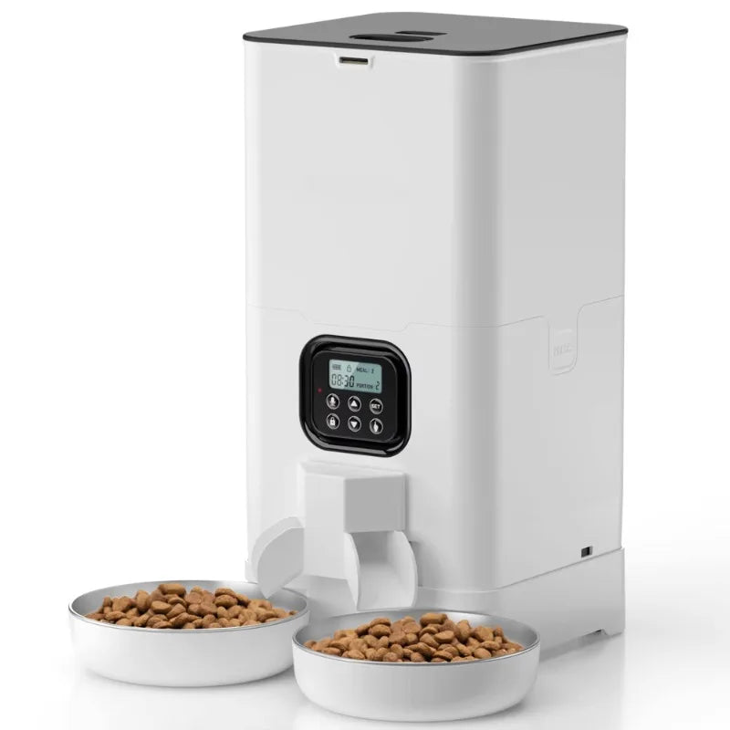 6L Automatic Cat Feeder for Two Cats, Double Pet Feeder with 2 Stainless Steel Bowls, Timed Cat Feeders with Memory Function