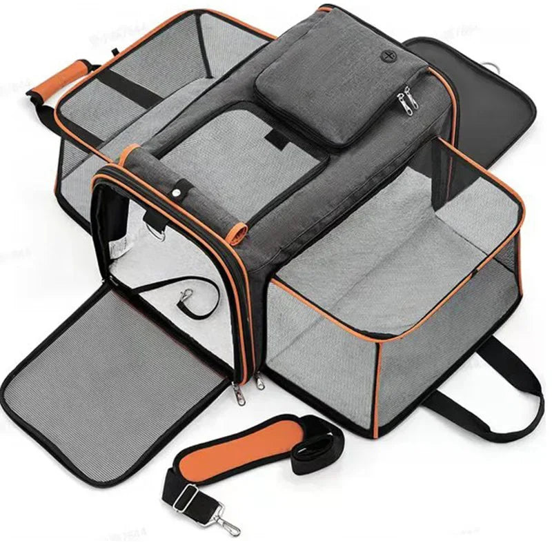 2025 New Large Capacity Carrier Cat Pet Airlines Approved Reflective Tape Cat Travel Bag Expandable Foldable Soft Dog Carrier