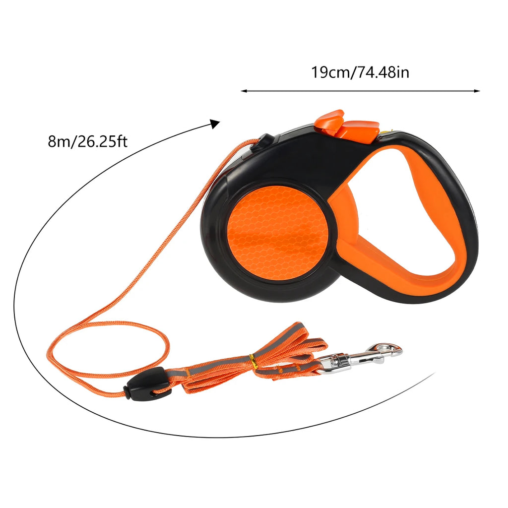 8M Retractable Dog Lead. Heavy Duty Pet Walking Leash with Strong Reflective Tape