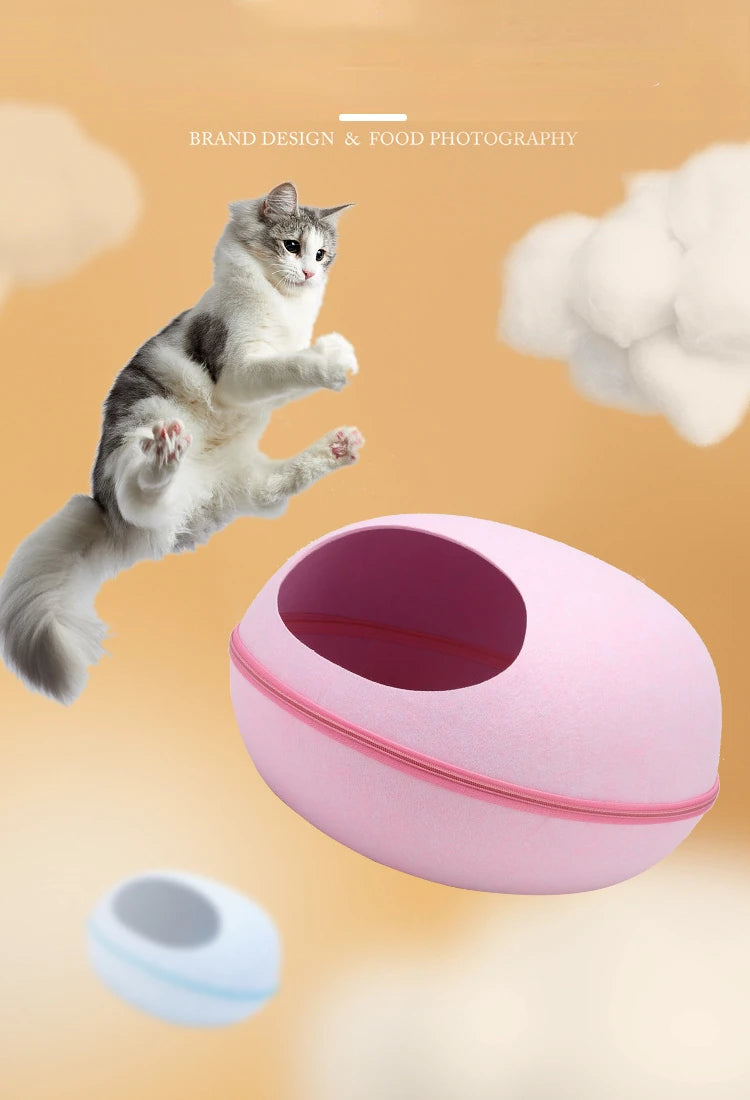 Cat Bed Artificial Felt House for Cats Sleeping Bag with Nest Cushion Eggshell Detachable Breathable Semi Enclosed Pet Cave