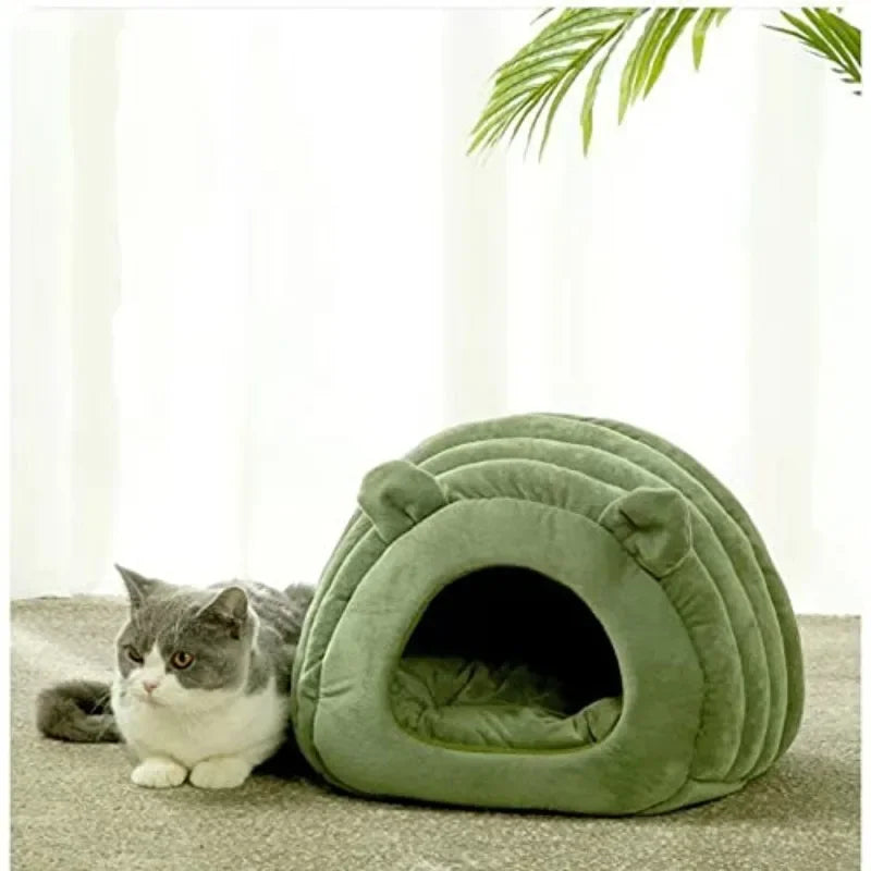 Half Closed Cat House, 4 Season Cute Style Bite Resistant Cat Kennel, Washable Cat Bed for Cats (Small, Brown)