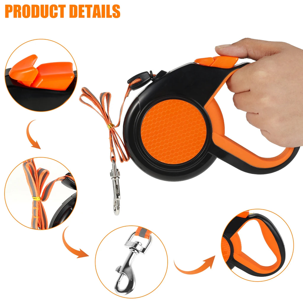 8M Retractable Dog Lead. Heavy Duty Pet Walking Leash with Strong Reflective Tape