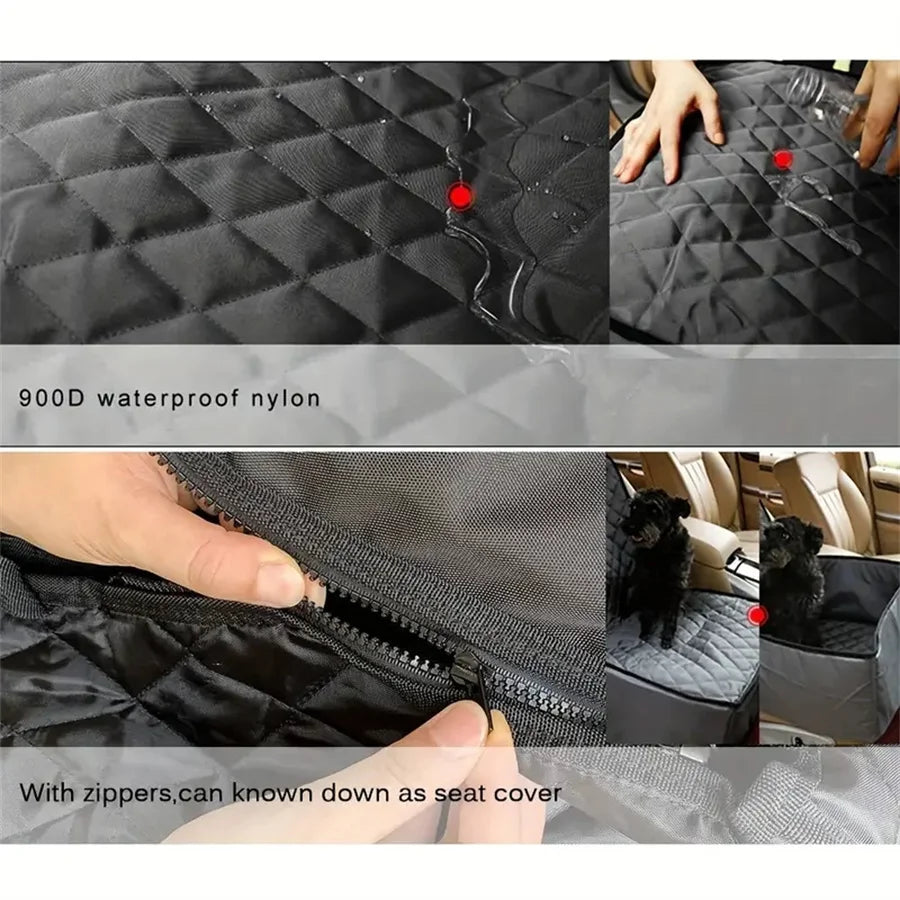 Fabric dog car seat cover. Quilted, waterproof, anti slip. Suitable for pet height increasing seats in cars, trucks, and SUVs.