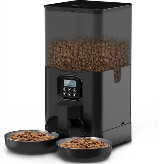 6L Automatic Cat Feeder for Two Cats, Double Pet Feeder with 2 Stainless Steel Bowls, Timed Cat Feeders with Memory Function