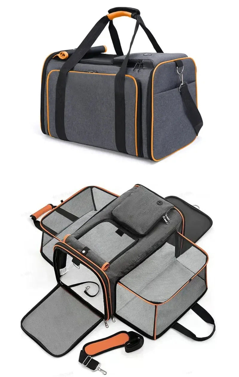 2025 New Large Capacity Carrier Cat Pet Airlines Approved Reflective Tape Cat Travel Bag Expandable Foldable Soft Dog Carrier