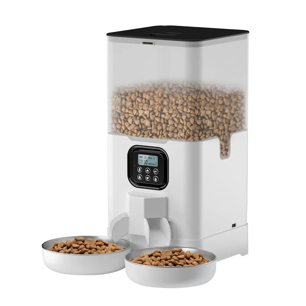 6L Automatic Cat Feeder for Two Cats, Double Pet Feeder with 2 Stainless Steel Bowls, Timed Cat Feeders with Memory Function