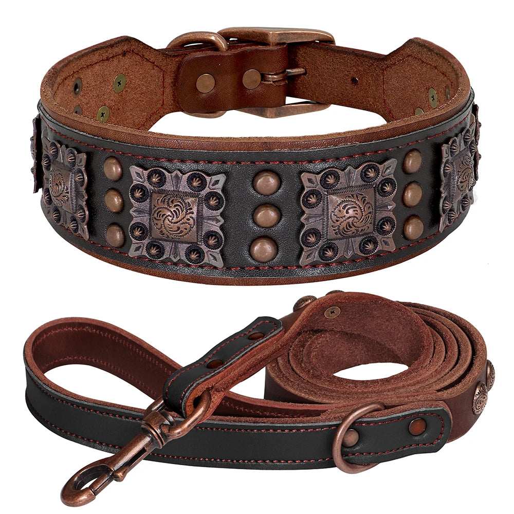 Dog Leather Wide Collar With Leash