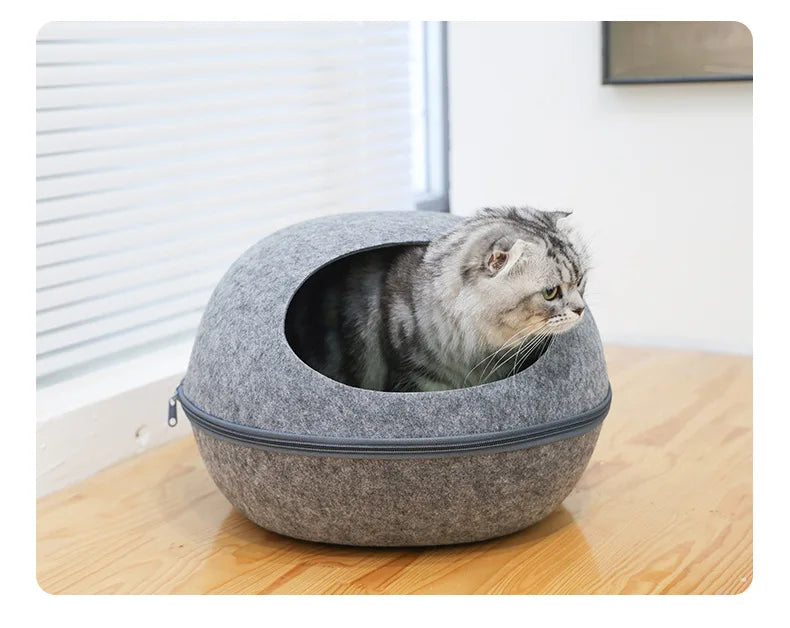 Cat Bed Artificial Felt House for Cats Sleeping Bag with Nest Cushion Eggshell Detachable Breathable Semi Enclosed Pet Cave