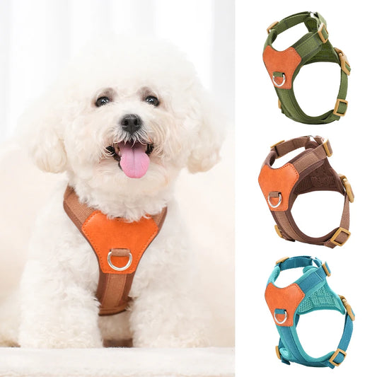 HP374--Retro Pet Harness for dogs，Adjustable webbing and High-quality PU Leather，Breathable mesh lining.